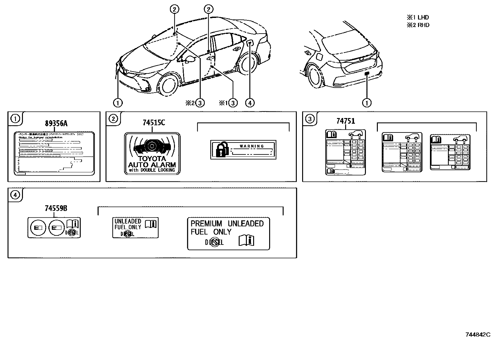 Toyota COROLLA 警示铭牌(车外和车内) EPC diagram — 744842C