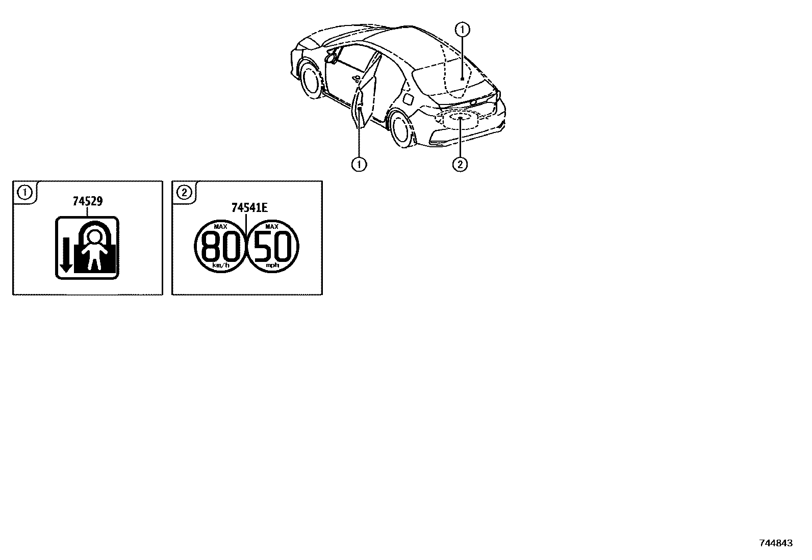 Toyota COROLLA 警示铭牌(车外和车内) EPC diagram — 744843