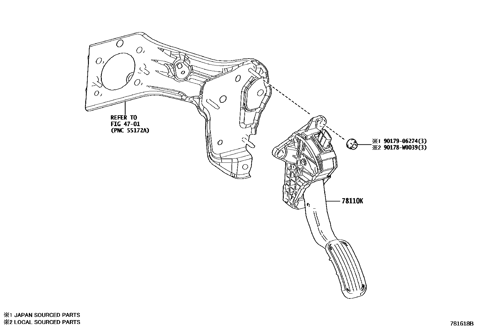 Toyota COROLLA accelerator pedal connecting rod EPC diagram — 781618B