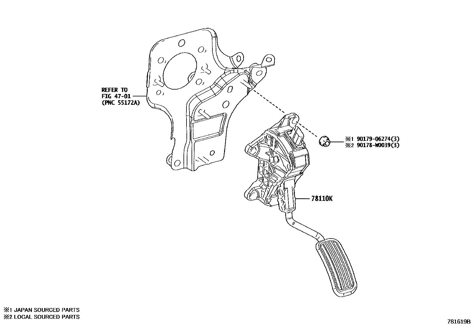 Toyota COROLLA accelerator pedal connecting rod EPC diagram — 781619B