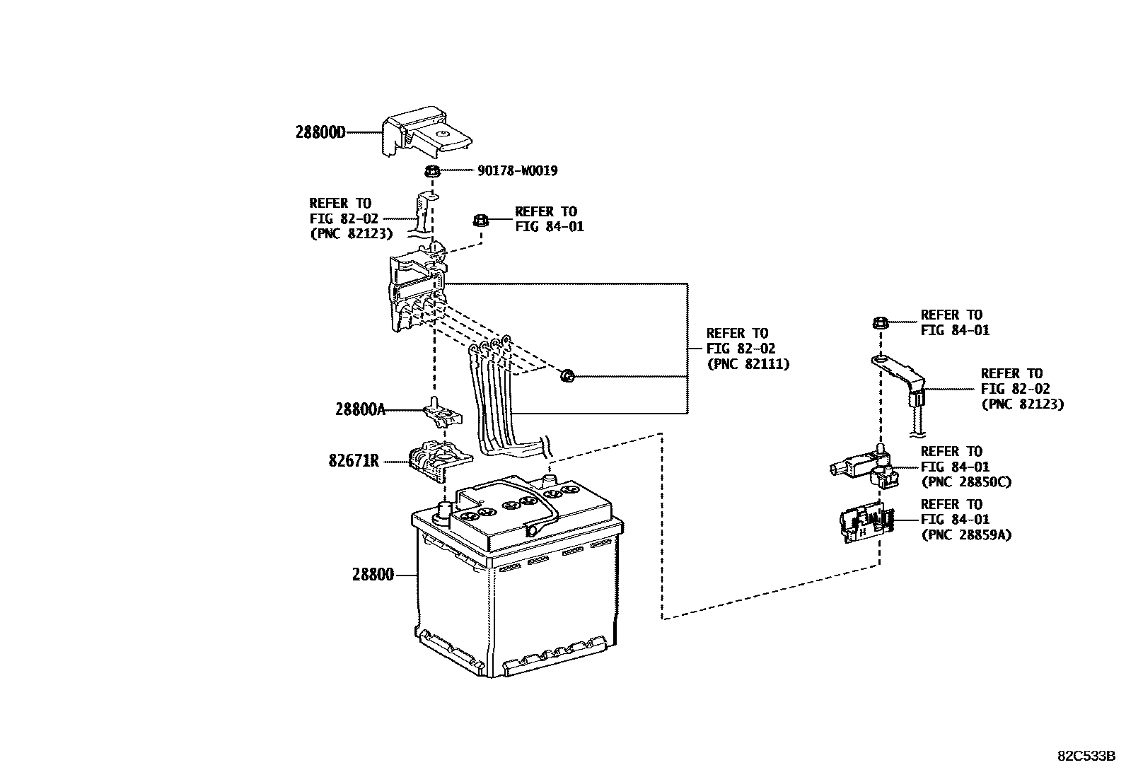 Toyota COROLLA 蓄电池和蓄电池电缆 EPC diagram — 82C533B