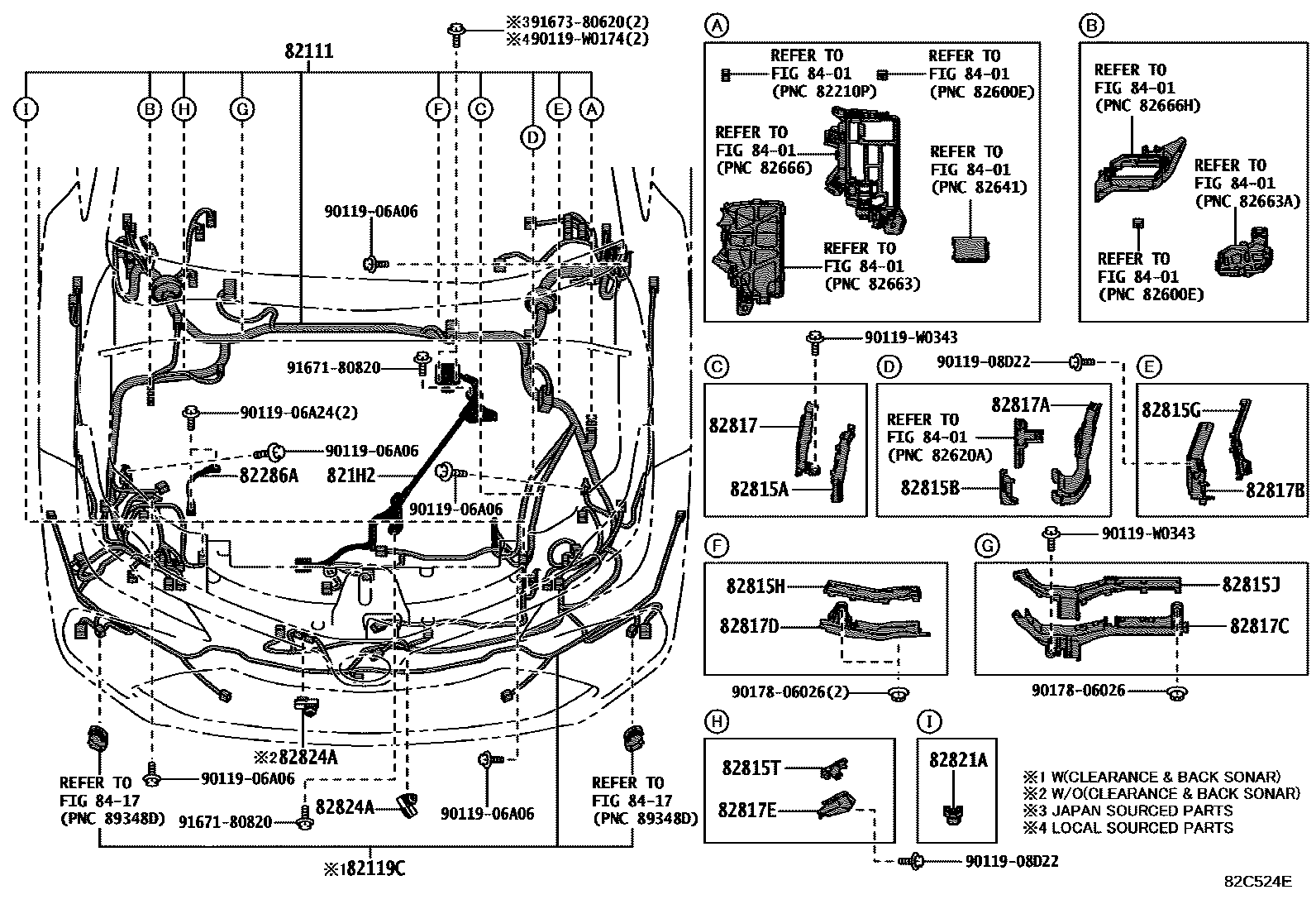 Toyota COROLLA 线束和卡夹 EPC diagram — 82C524E