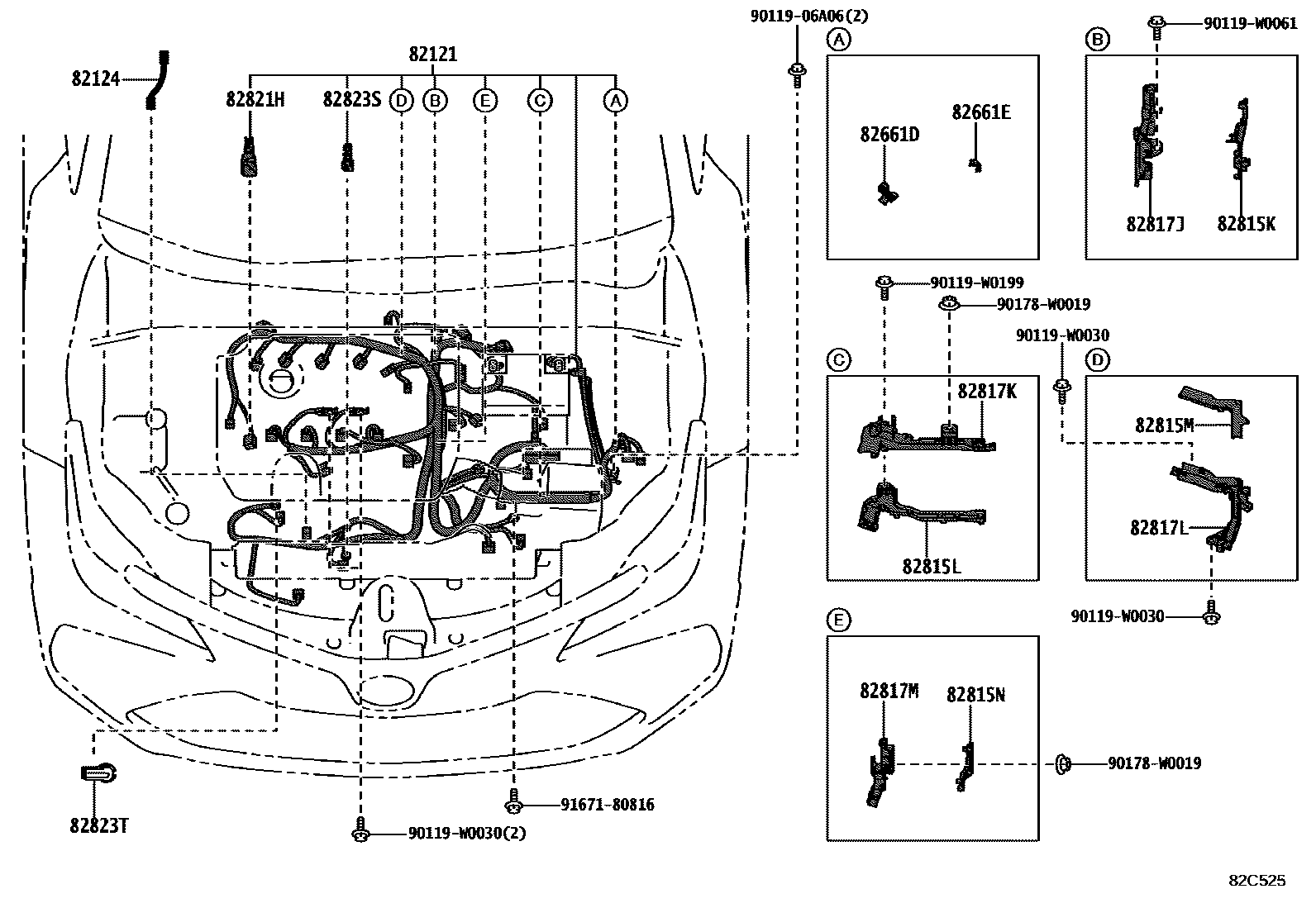 Toyota COROLLA 线束和卡夹 EPC diagram — 82C525