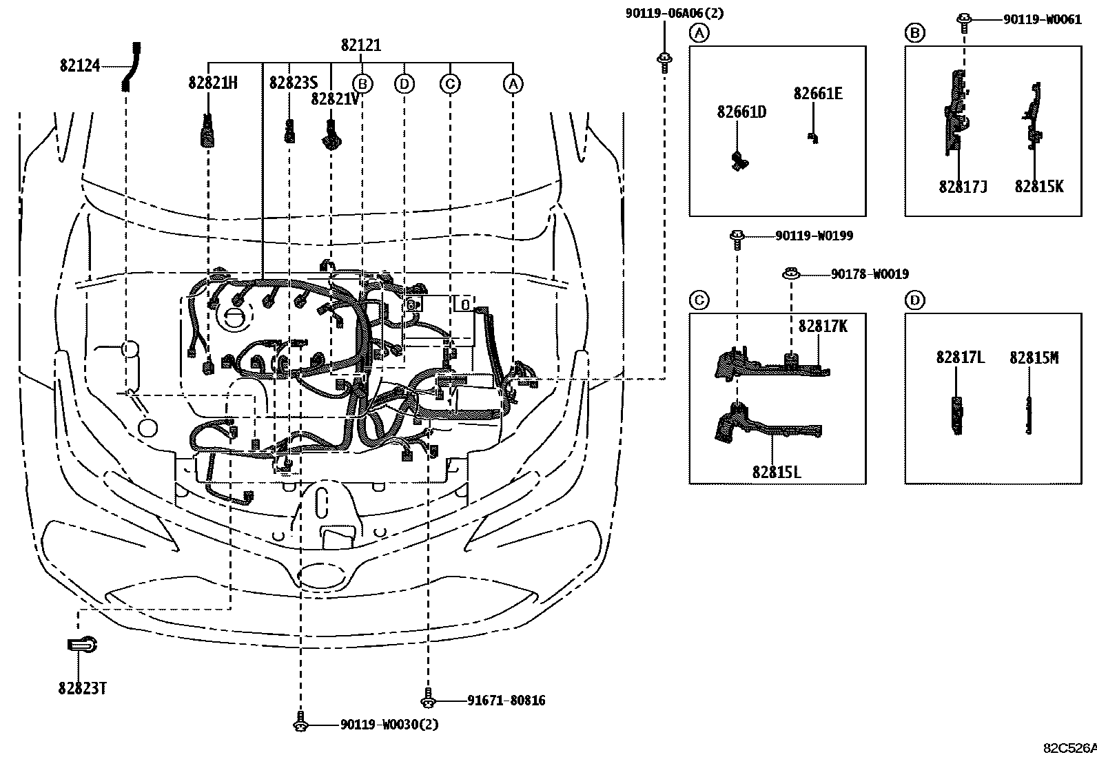 Toyota COROLLA 线束和卡夹 EPC diagram — 82C526A