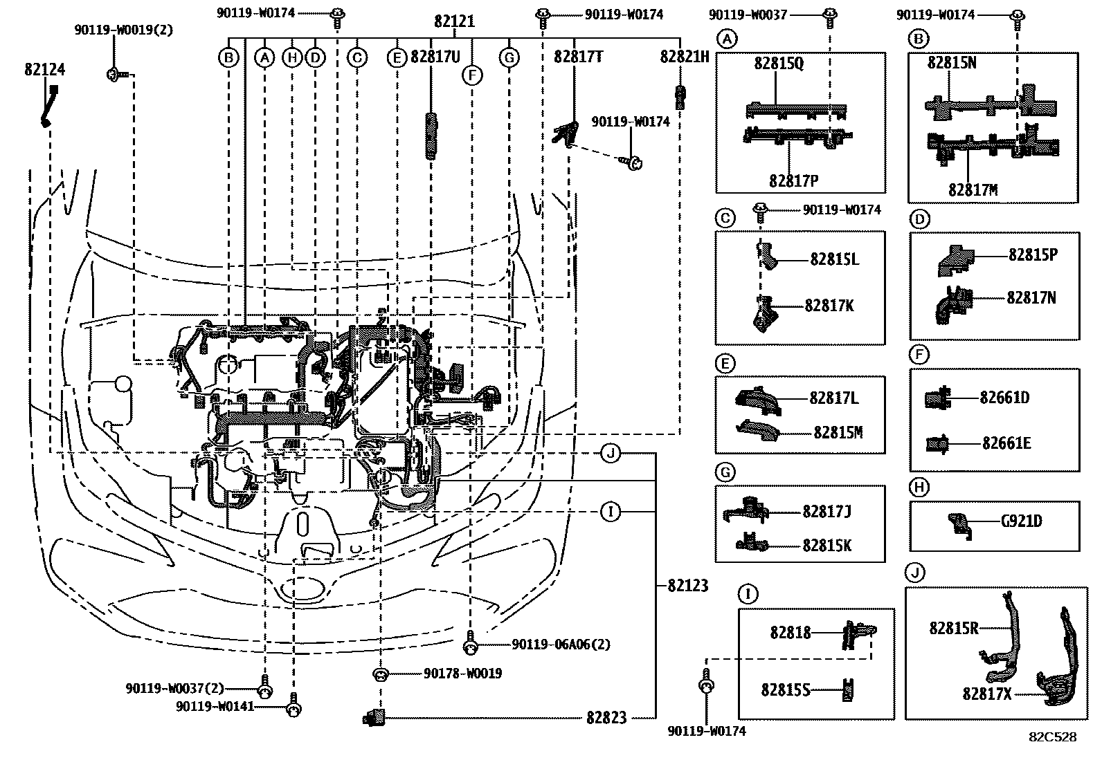 Toyota COROLLA 线束和卡夹 EPC diagram — 82C528