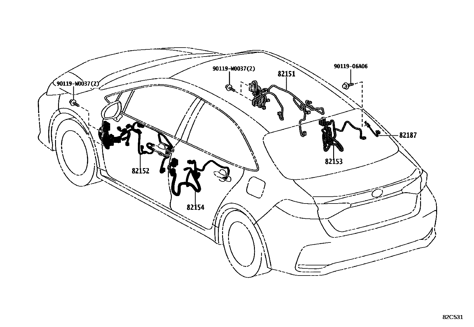 Toyota COROLLA 线束和卡夹 EPC diagram — 82C531