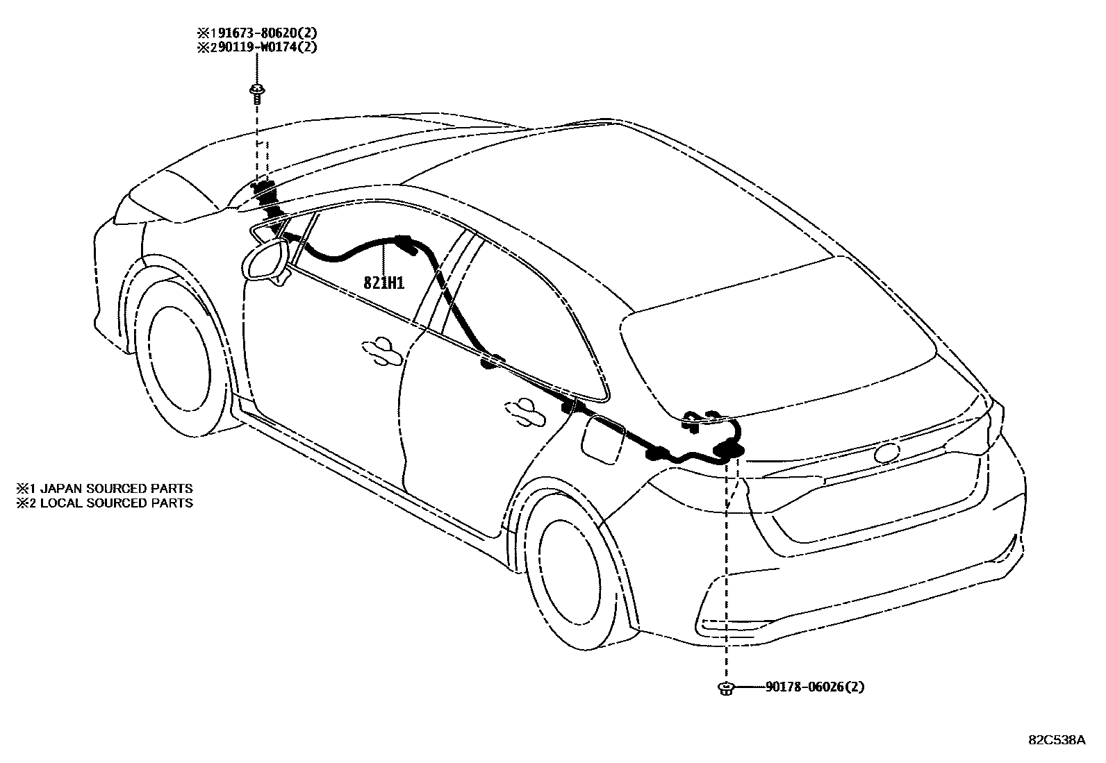 Toyota COROLLA 线束和卡夹 EPC diagram — 82C538A