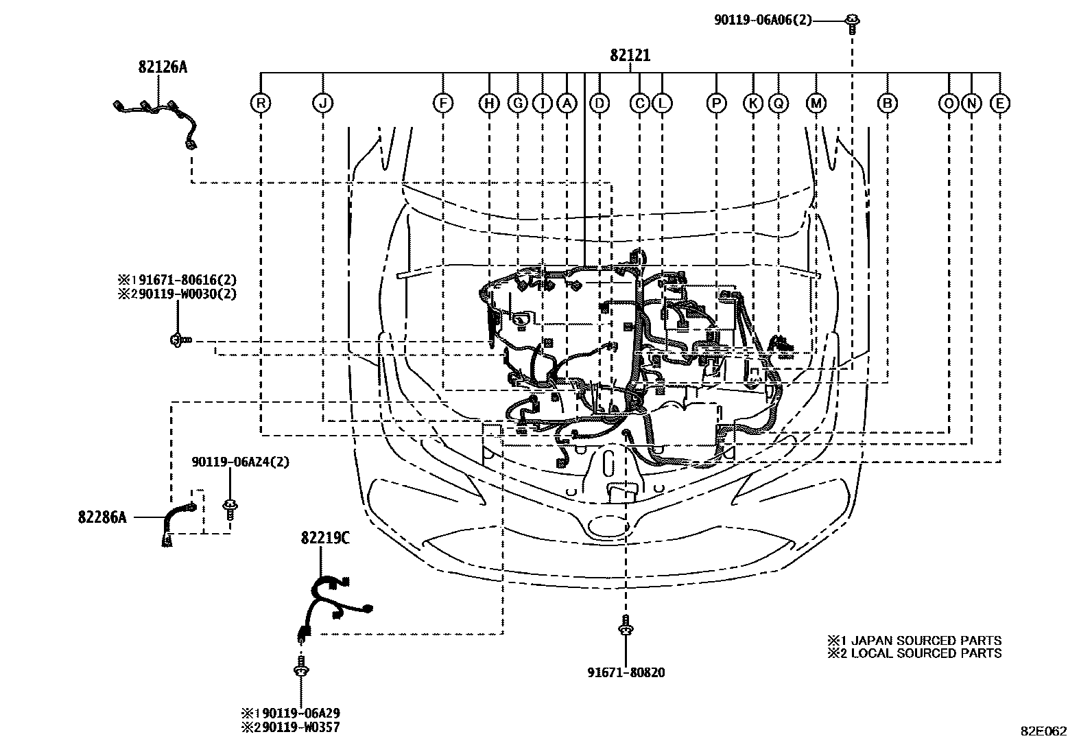 Toyota COROLLA 线束和卡夹 EPC diagram — 82E062