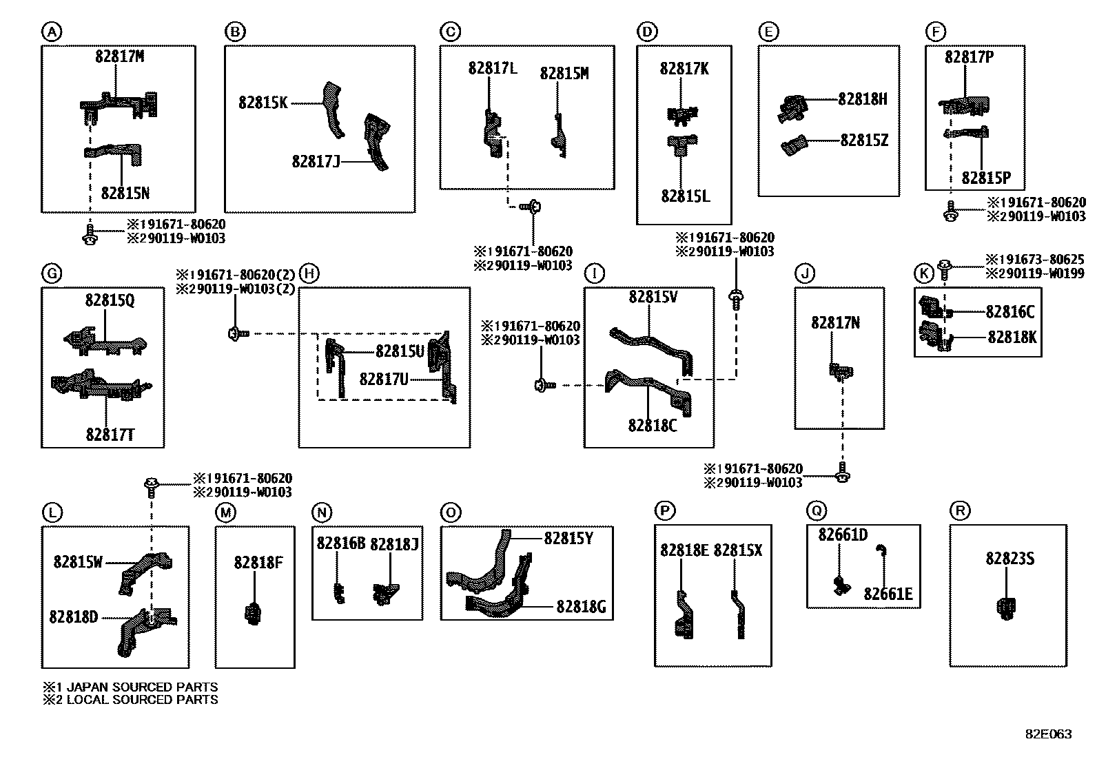 Toyota COROLLA 线束和卡夹 EPC diagram — 82E063