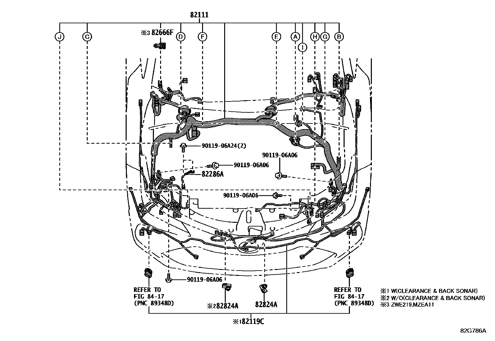 Toyota COROLLA 线束和卡夹 EPC diagram — 82G786A