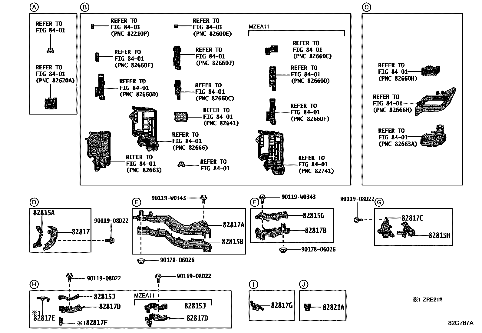Toyota COROLLA 线束和卡夹 EPC diagram — 82G787A