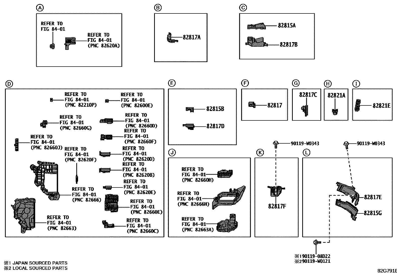 Toyota COROLLA 线束和卡夹 EPC diagram — 82G791B