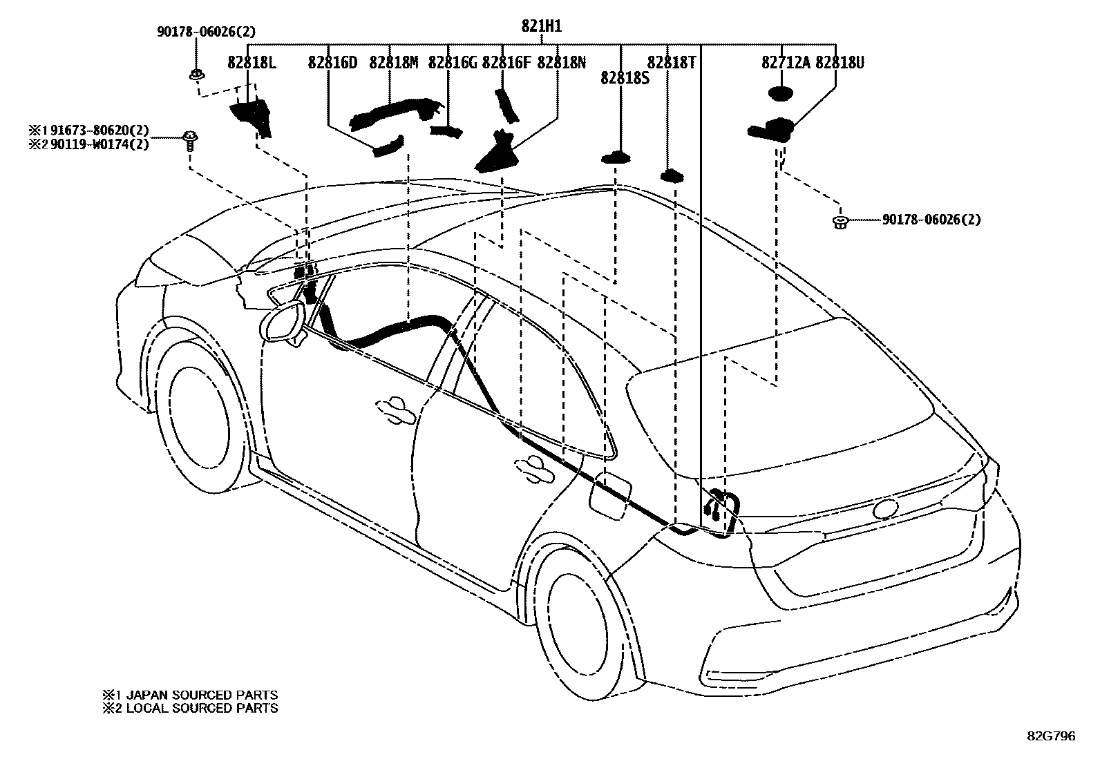 Toyota COROLLA 线束和卡夹 EPC diagram — 82G796