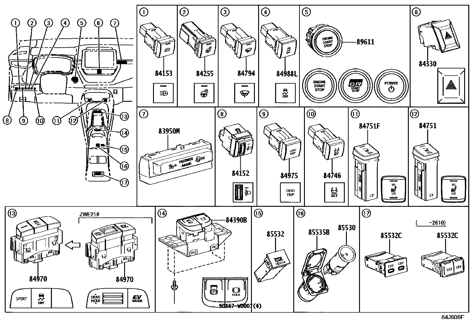 Toyota COROLLA 开关和继电器和ECU EPC diagram — 84J608F
