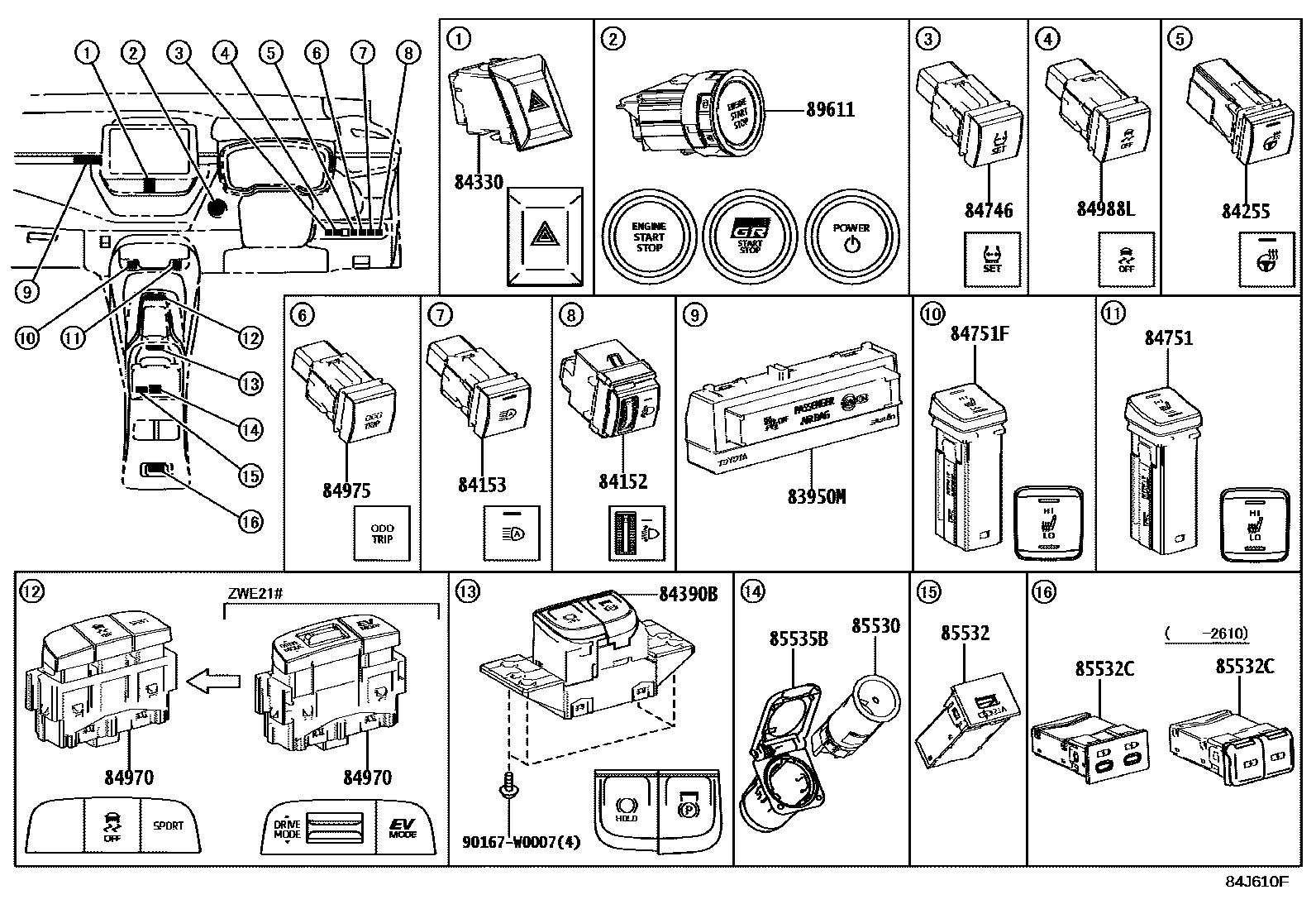 Toyota COROLLA 开关和继电器和ECU EPC diagram — 84J610F