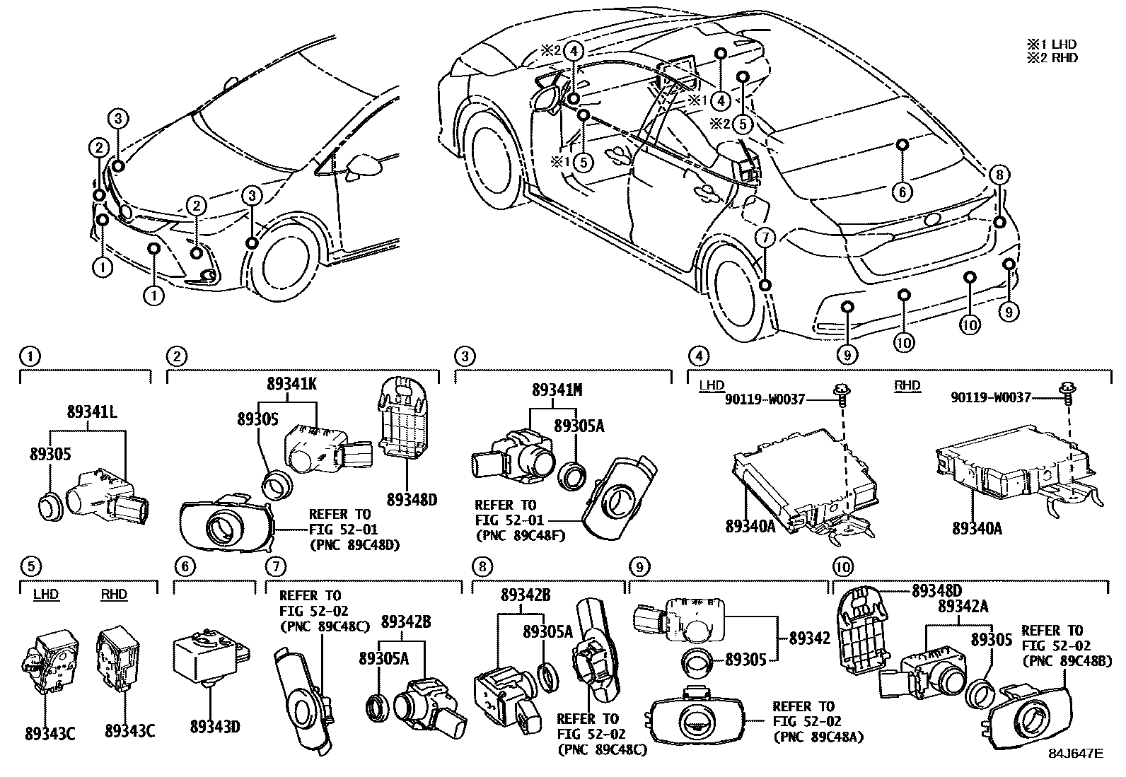 Toyota COROLLA 测距雷达和倒车雷达 EPC diagram — 84J647E