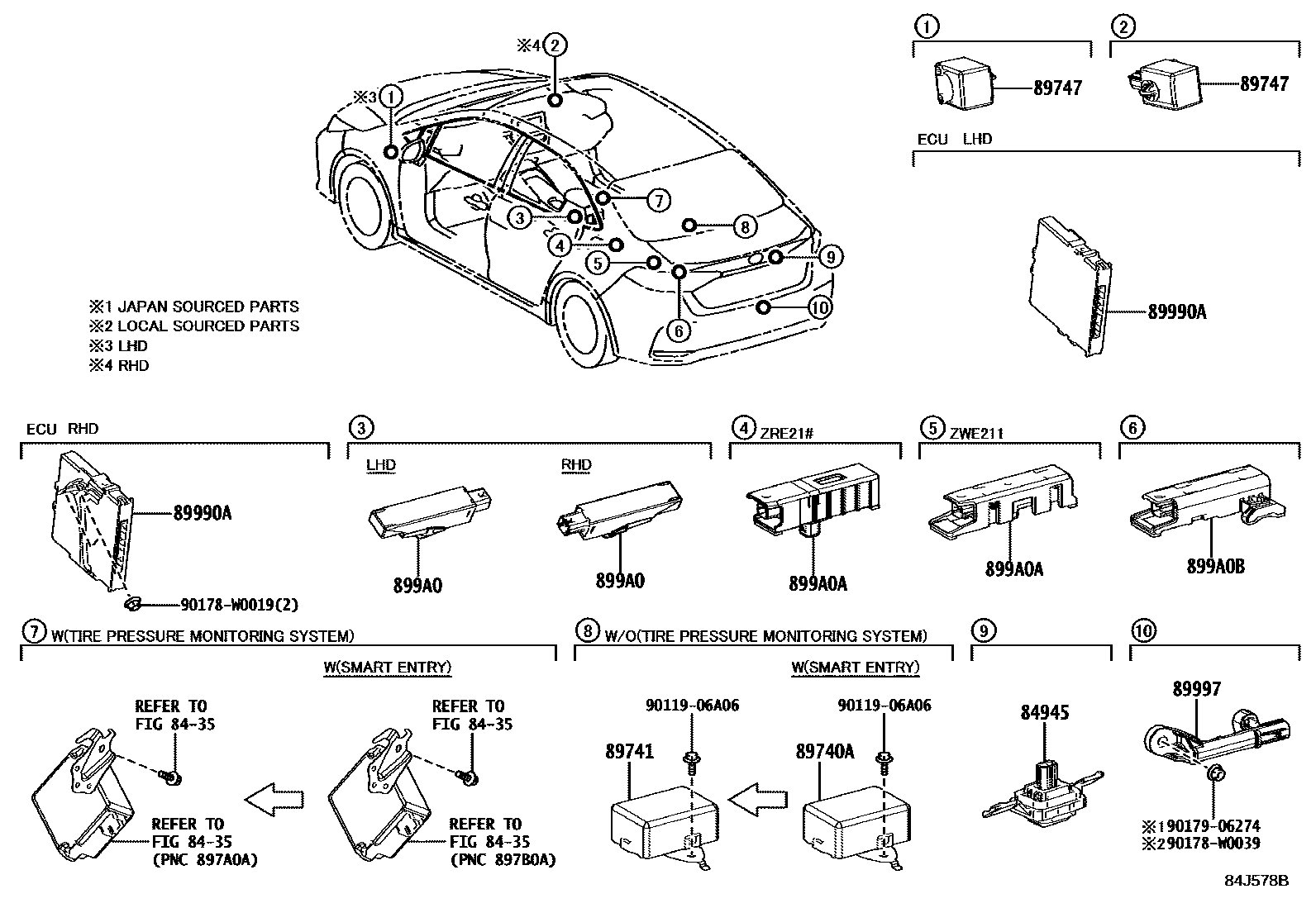 Toyota COROLLA 遥控门锁 EPC diagram — 84J578B