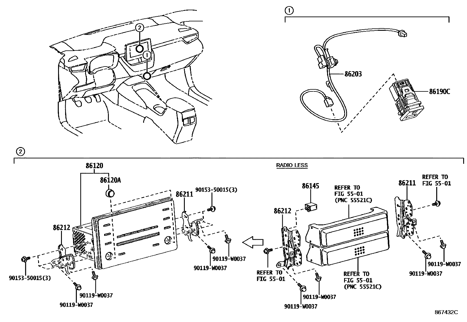 Toyota COROLLA 收音机、放大器和冷凝器 EPC diagram — 867432C