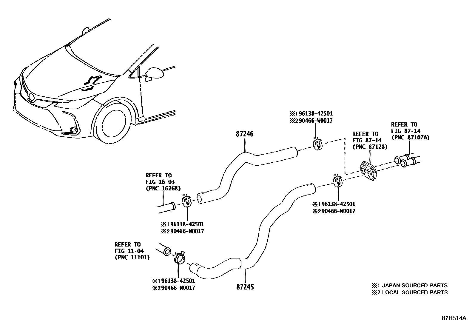 Toyota COROLLA 暖风和空调系统 - 水管 EPC diagram — 87H514A