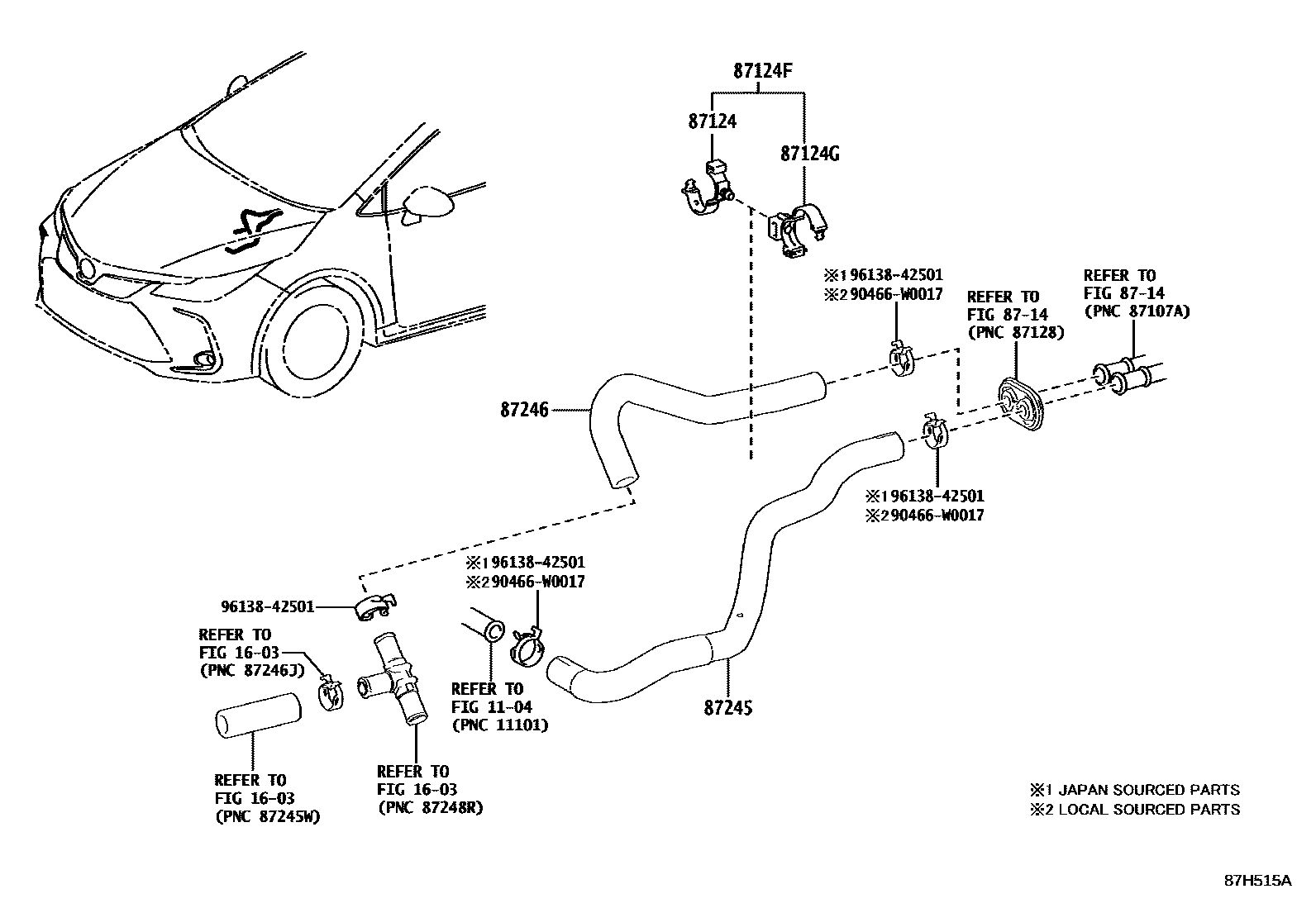 Toyota COROLLA 暖风和空调系统 - 水管 EPC diagram — 87H515A