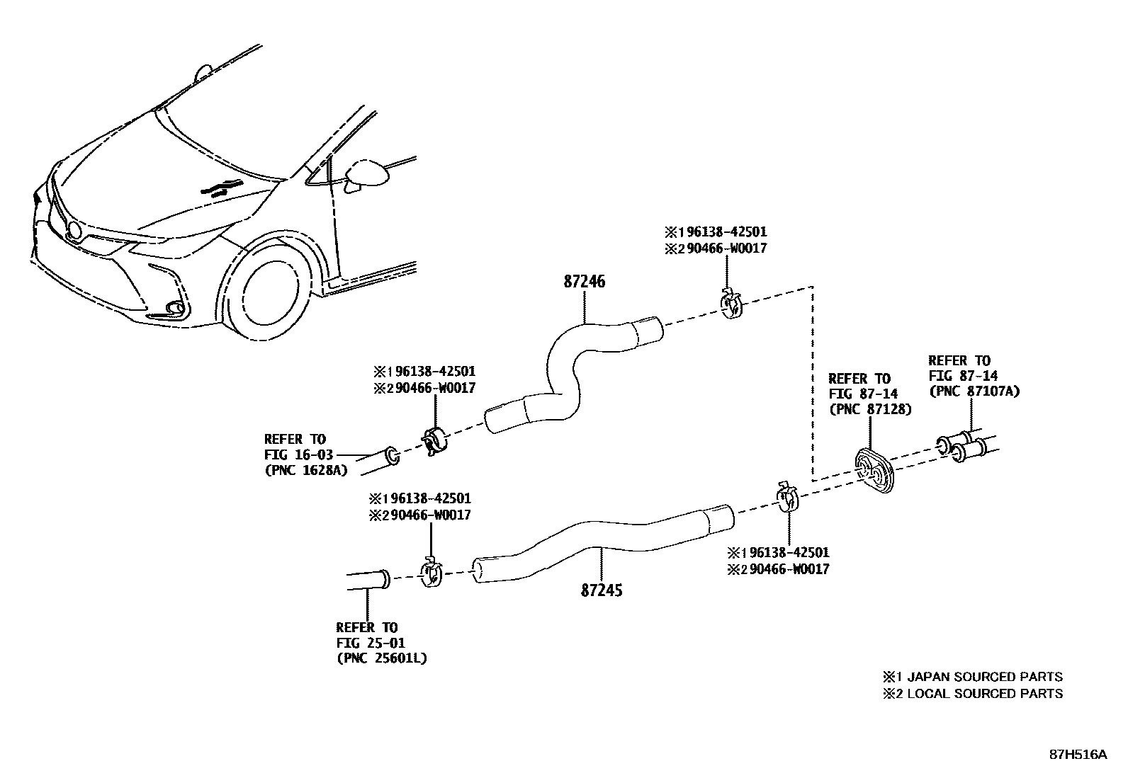 Toyota COROLLA 暖风和空调系统 - 水管 EPC diagram — 87H516A