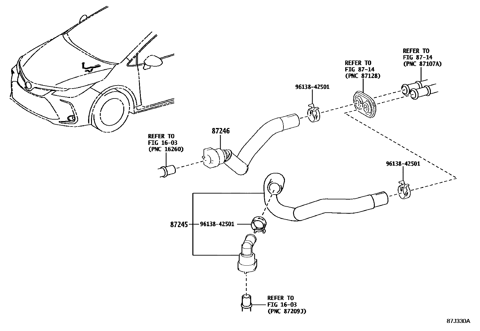 Toyota COROLLA 暖风和空调系统 - 水管 EPC diagram — 87J330A