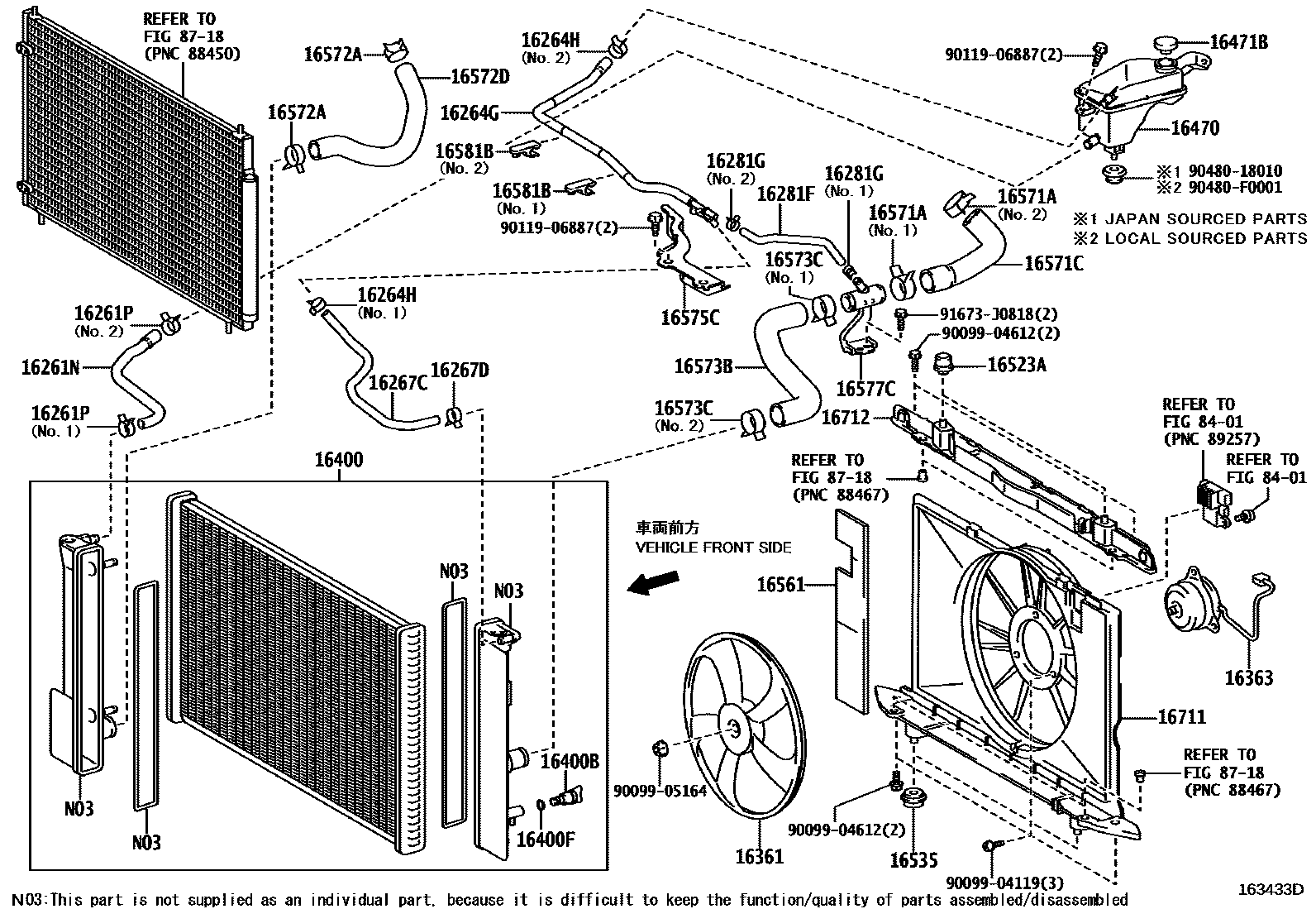 Toyota COROLLA RADIATOR & WATER OUTLET EPC diagram — 163433D