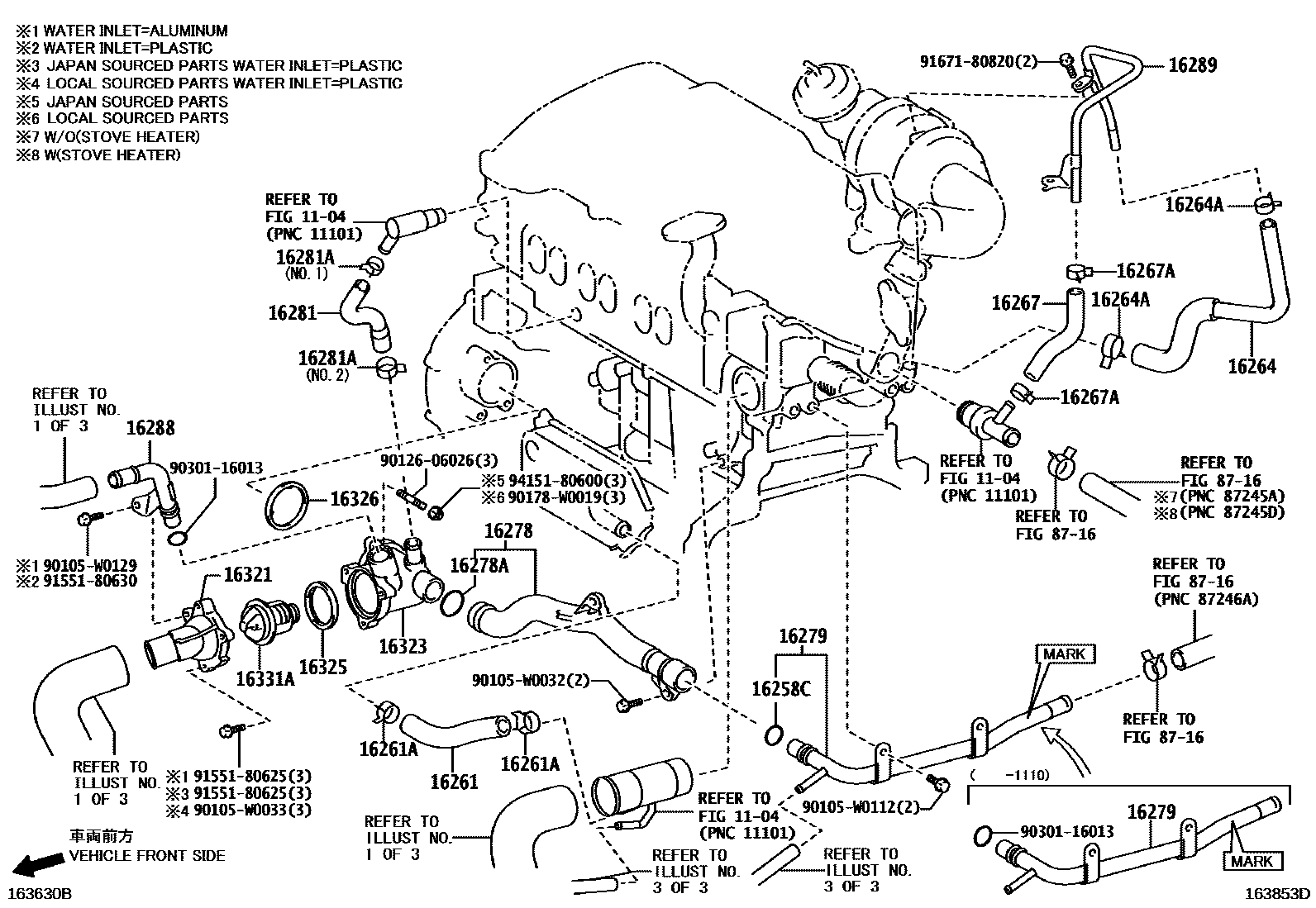 Toyota COROLLA RADIATOR & WATER OUTLET EPC diagram — 163853D