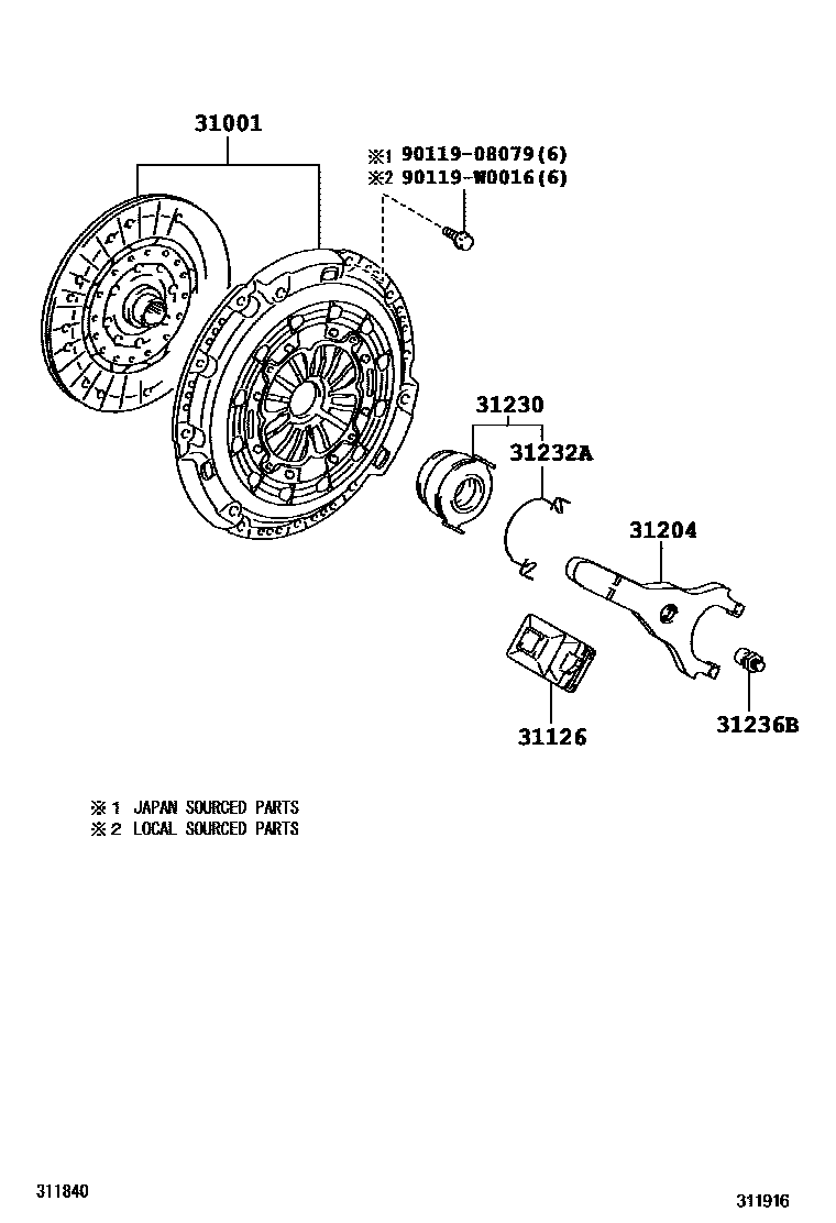 Toyota COROLLA 离合器和分离叉 EPC diagram — 311916