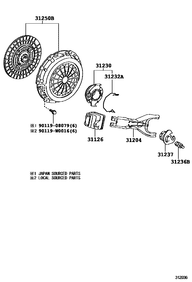 Toyota COROLLA 离合器和分离叉 EPC diagram — 312036