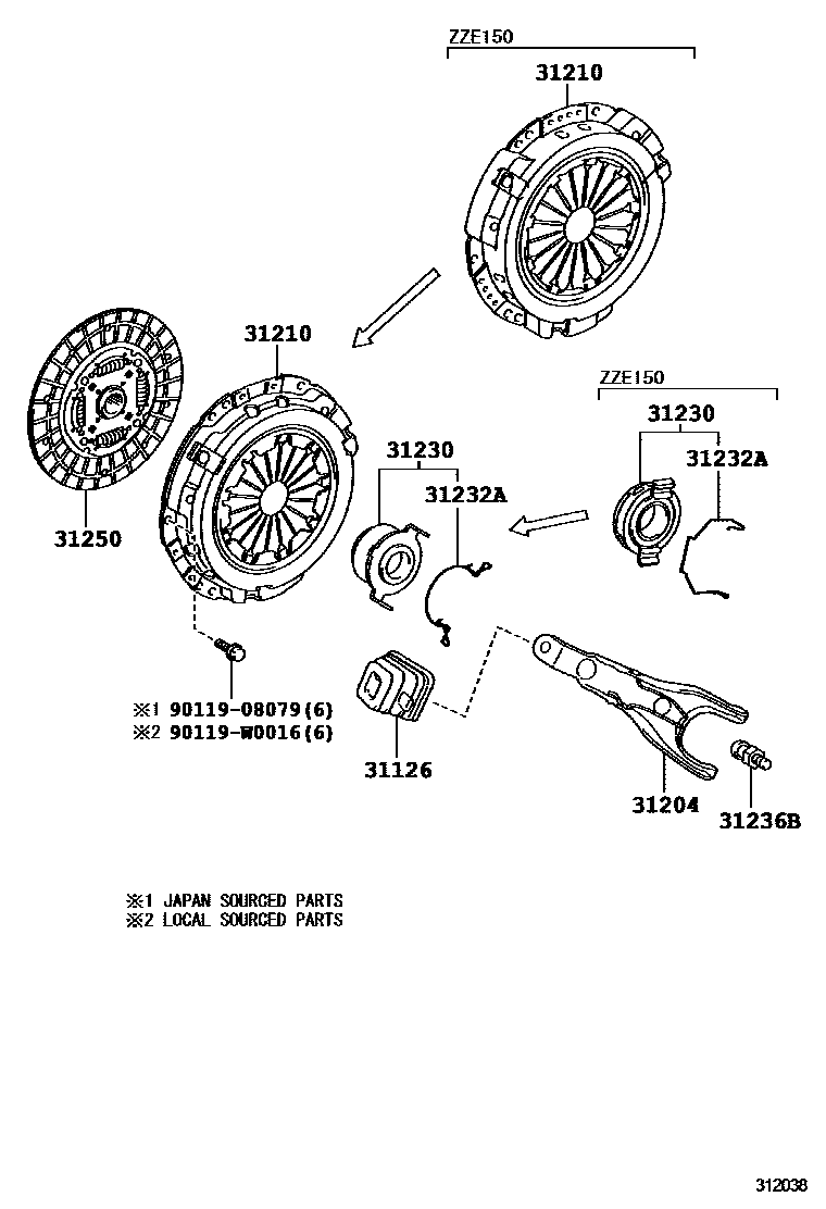 Toyota COROLLA 离合器和分离叉 EPC diagram — 312038