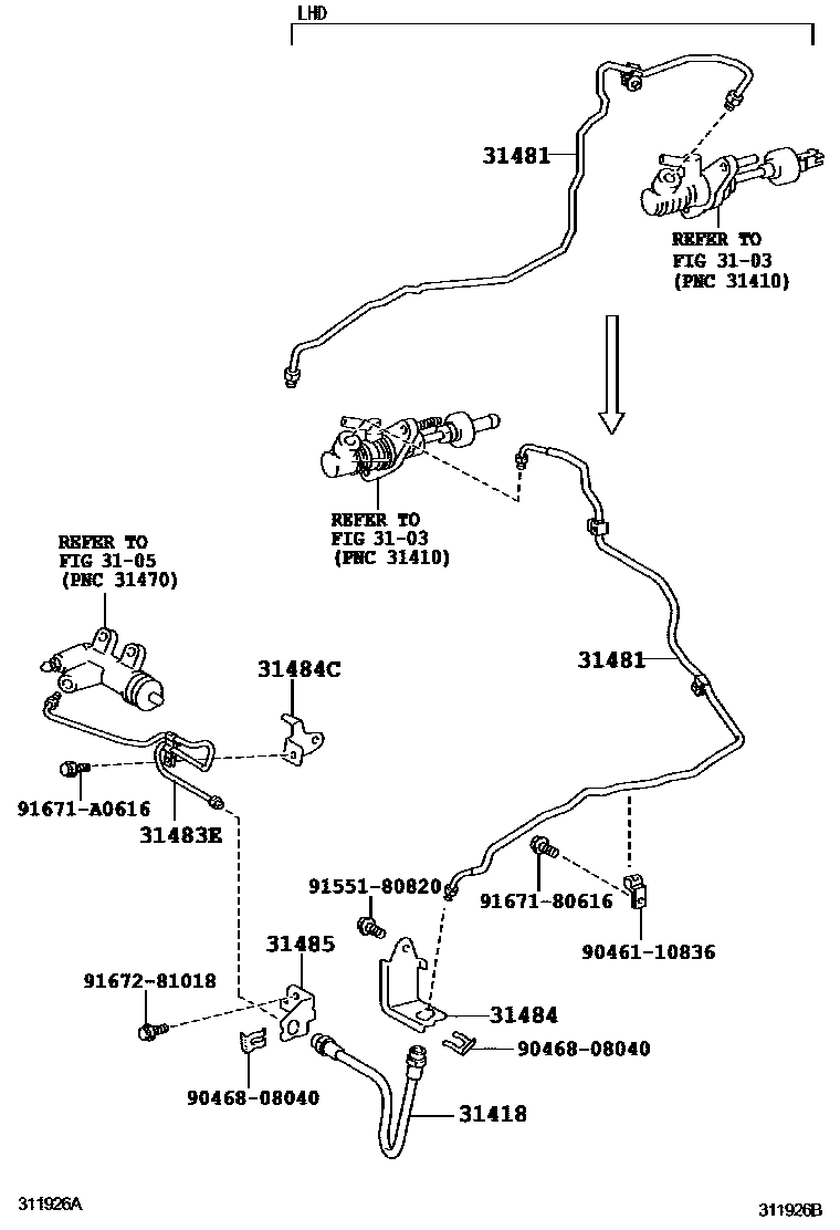 Toyota COROLLA 离合器踏板和挠性软管 EPC diagram — 311926B