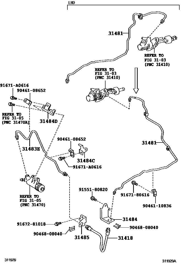 Toyota COROLLA 离合器踏板和挠性软管 EPC diagram — 311929A
