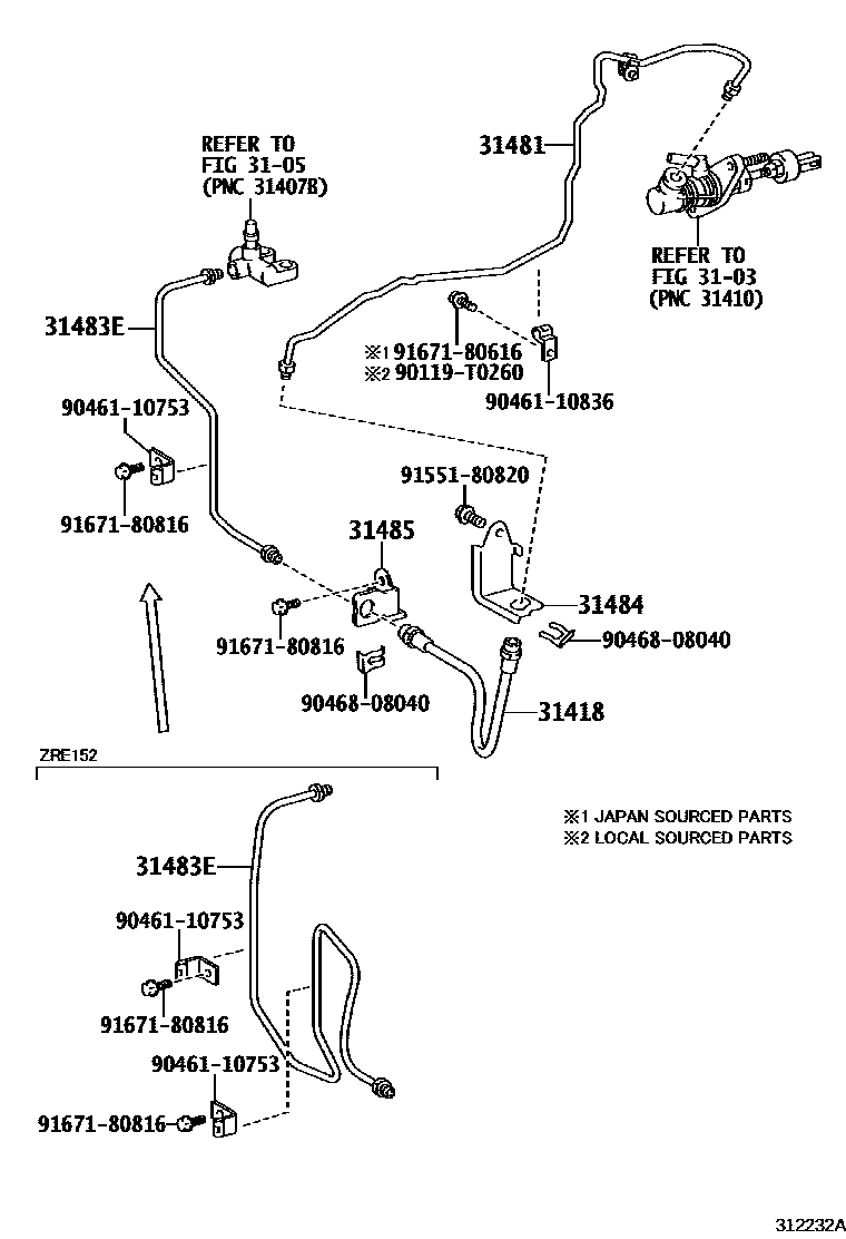 Toyota COROLLA 离合器踏板和挠性软管 EPC diagram — 312232A