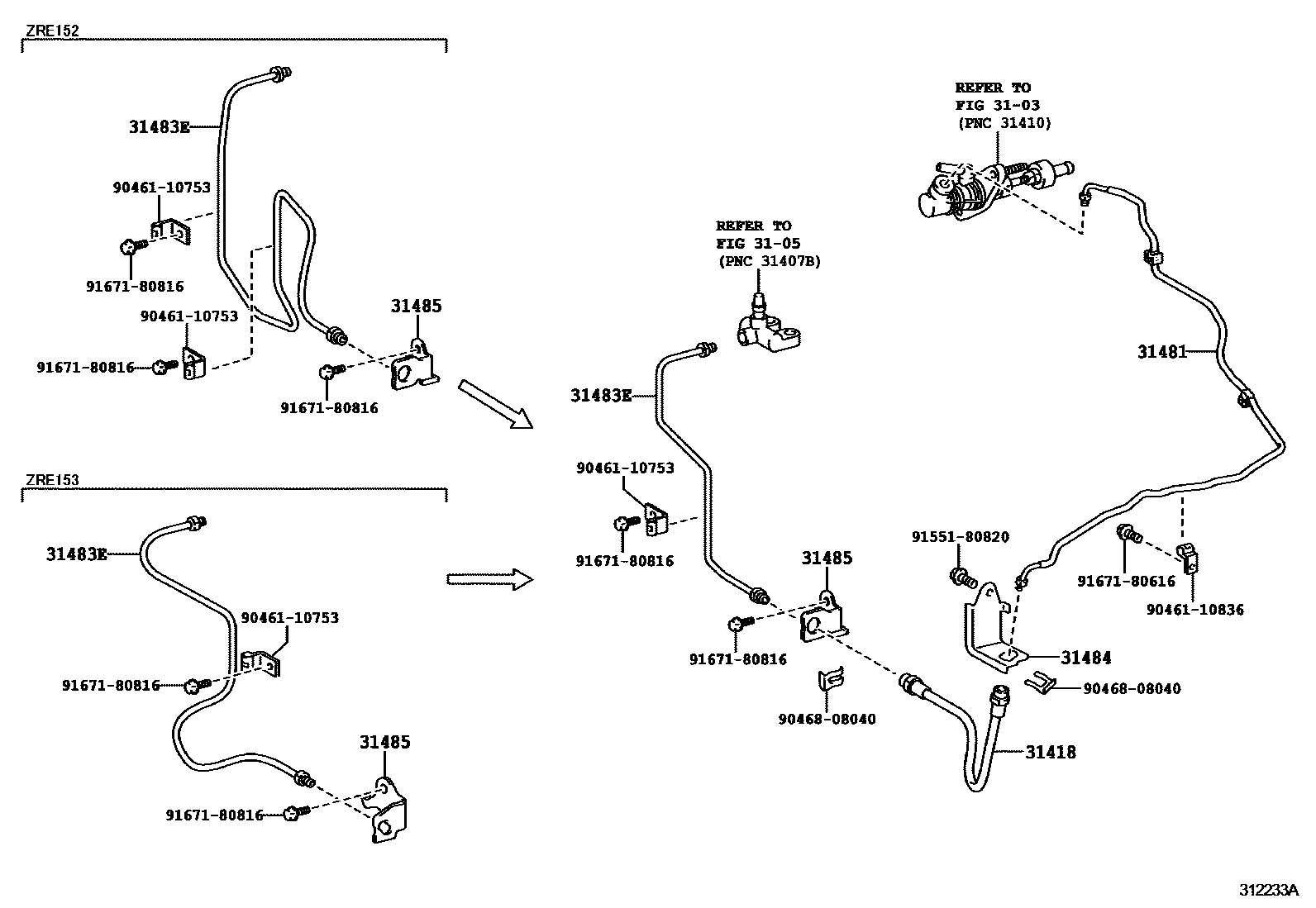 Toyota COROLLA 离合器踏板和挠性软管 EPC diagram — 312233A