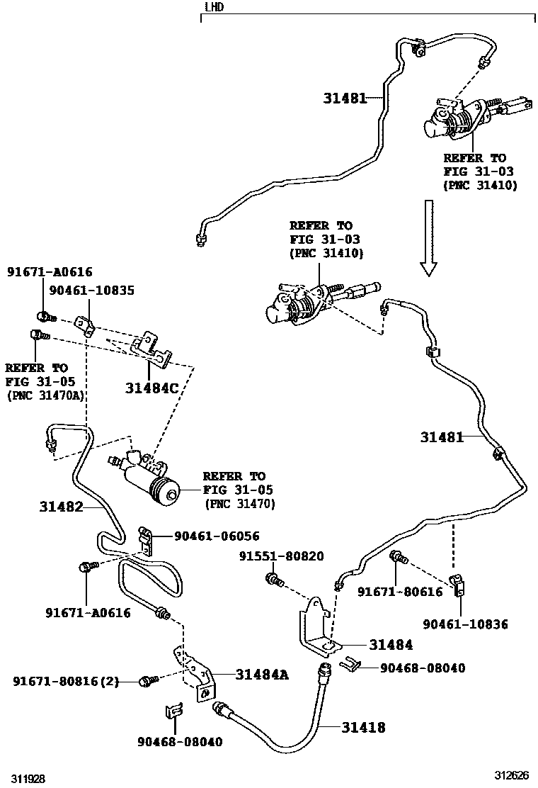 Toyota COROLLA 离合器踏板和挠性软管 EPC diagram — 312626