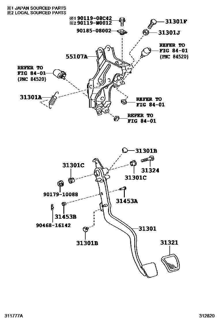 Toyota COROLLA 离合器踏板和挠性软管 EPC diagram — 312820