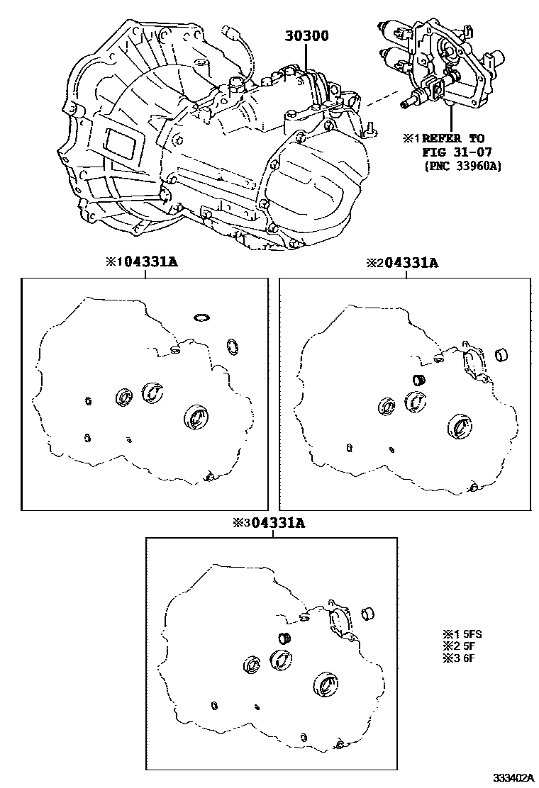 Toyota COROLLA 传动桥或变速器总成和衬垫组件(MTM) EPC diagram — 333402A