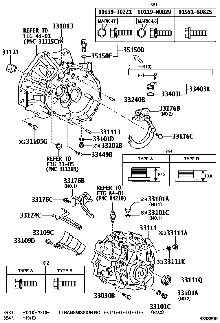 Toyota COROLLA 离合器壳和变速器壳(MTM) EPC diagram — 333899K