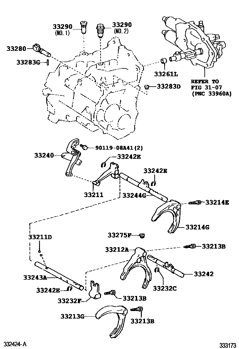 Toyota COROLLA 换档拨叉和换档杆轴(MTM) EPC diagram — 333173