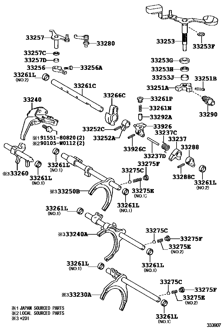 Toyota COROLLA 换档拨叉和换档杆轴(MTM) EPC diagram — 333907