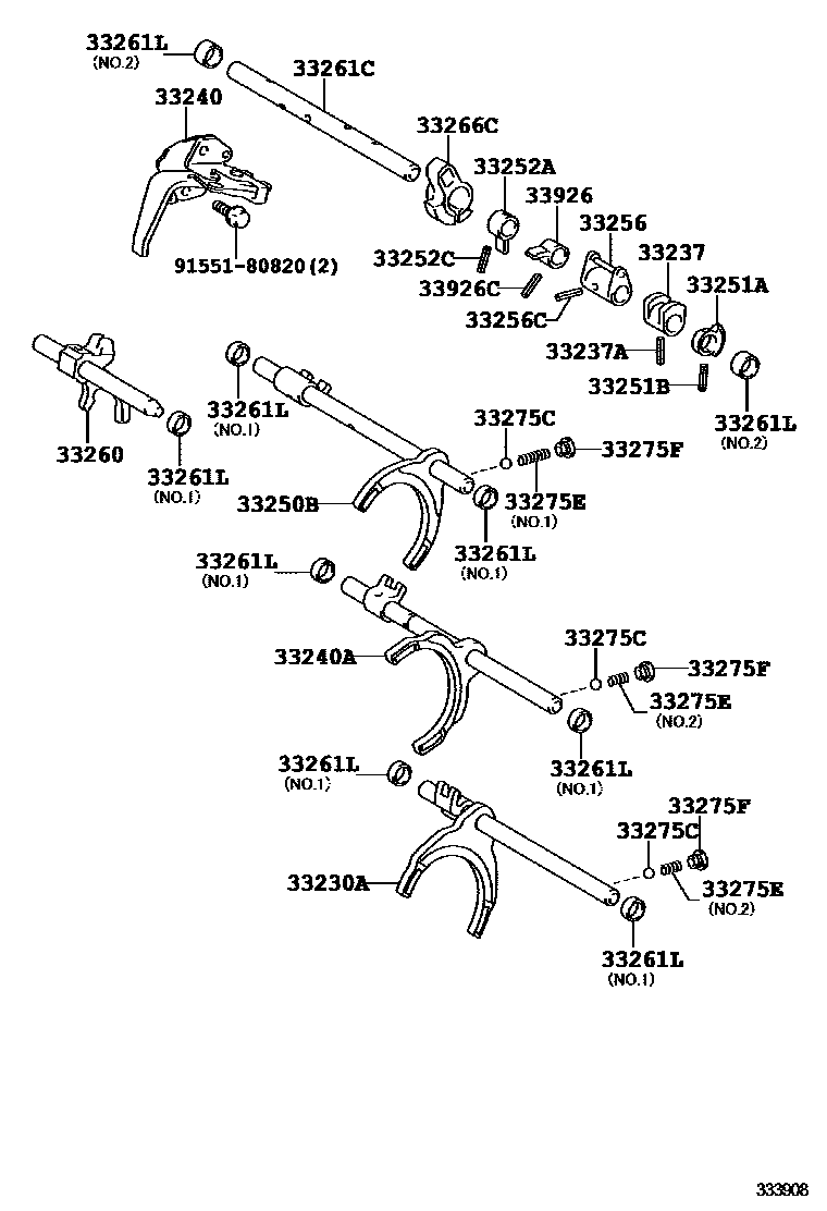 Toyota COROLLA 换档拨叉和换档杆轴(MTM) EPC diagram — 333908