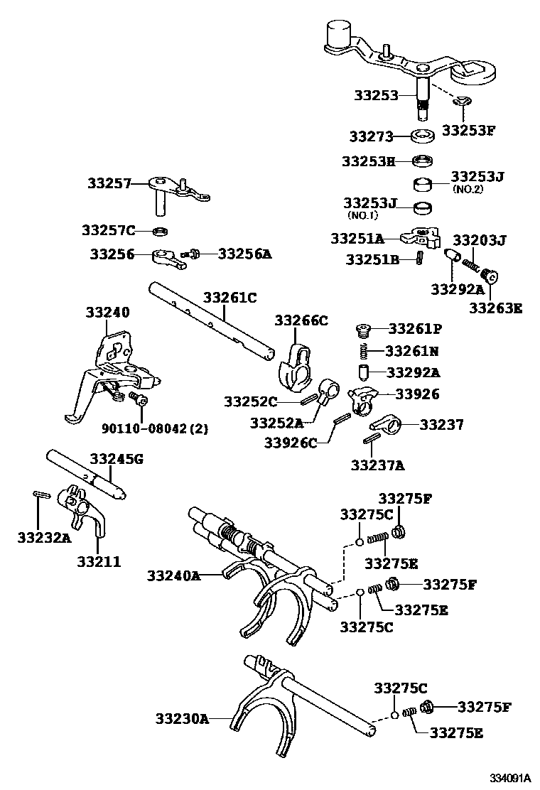 Toyota COROLLA 换档拨叉和换档杆轴(MTM) EPC diagram — 334091A