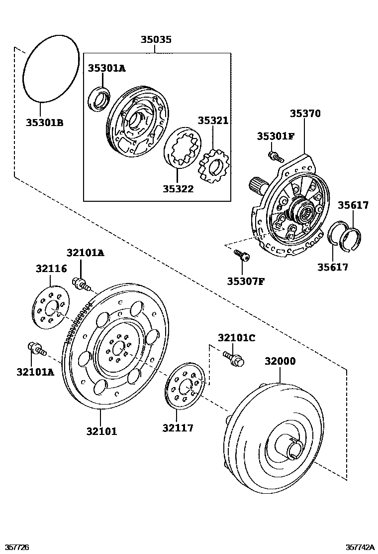 Toyota COROLLA 变矩器、前油泵和链条(ATM) EPC diagram — 357742A