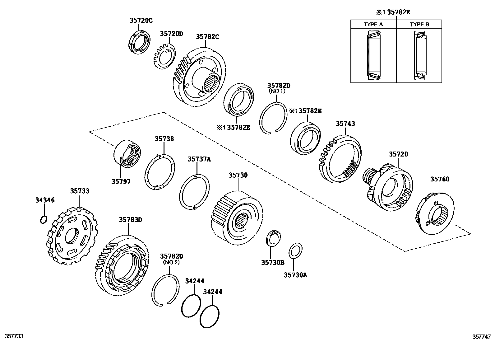 Toyota COROLLA 行星齿轮、倒档活塞和中间轴齿轮(ATM) EPC diagram — 357747