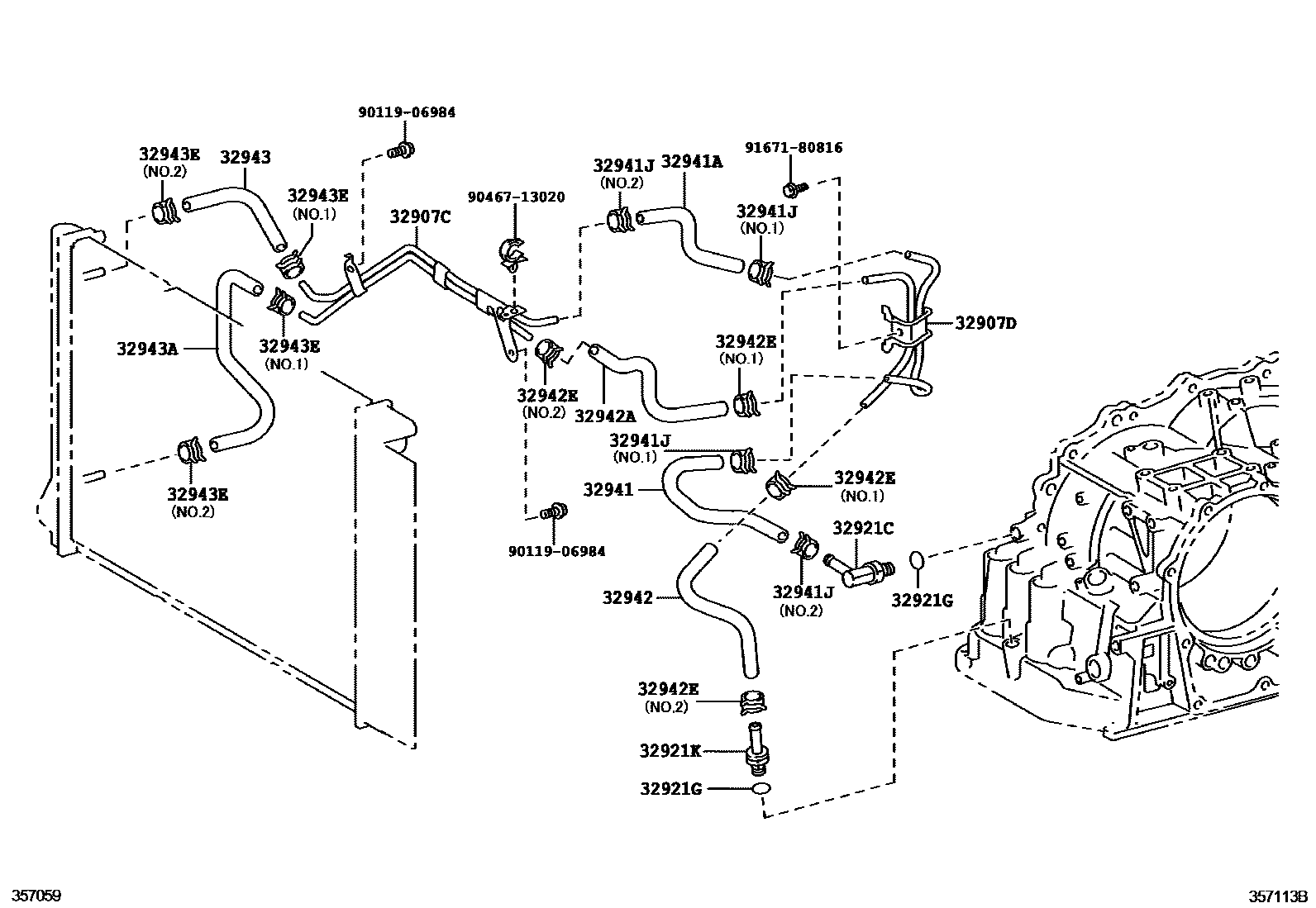 Toyota COROLLA 变速器油冷却器和配管(ATM) EPC diagram — 357113B