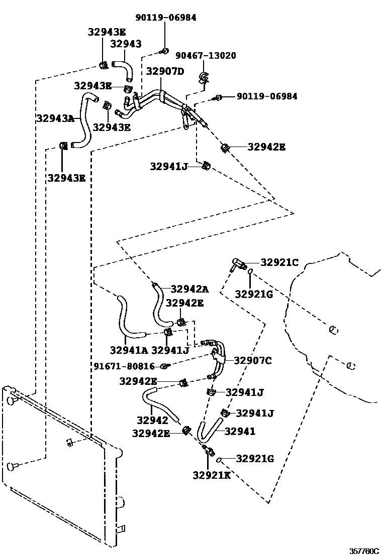 Toyota COROLLA 变速器油冷却器和配管(ATM) EPC diagram — 357760C