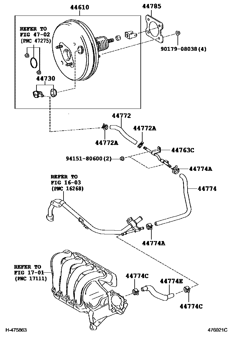 Toyota COROLLA 制动助力器和真空管 EPC diagram — 476021C