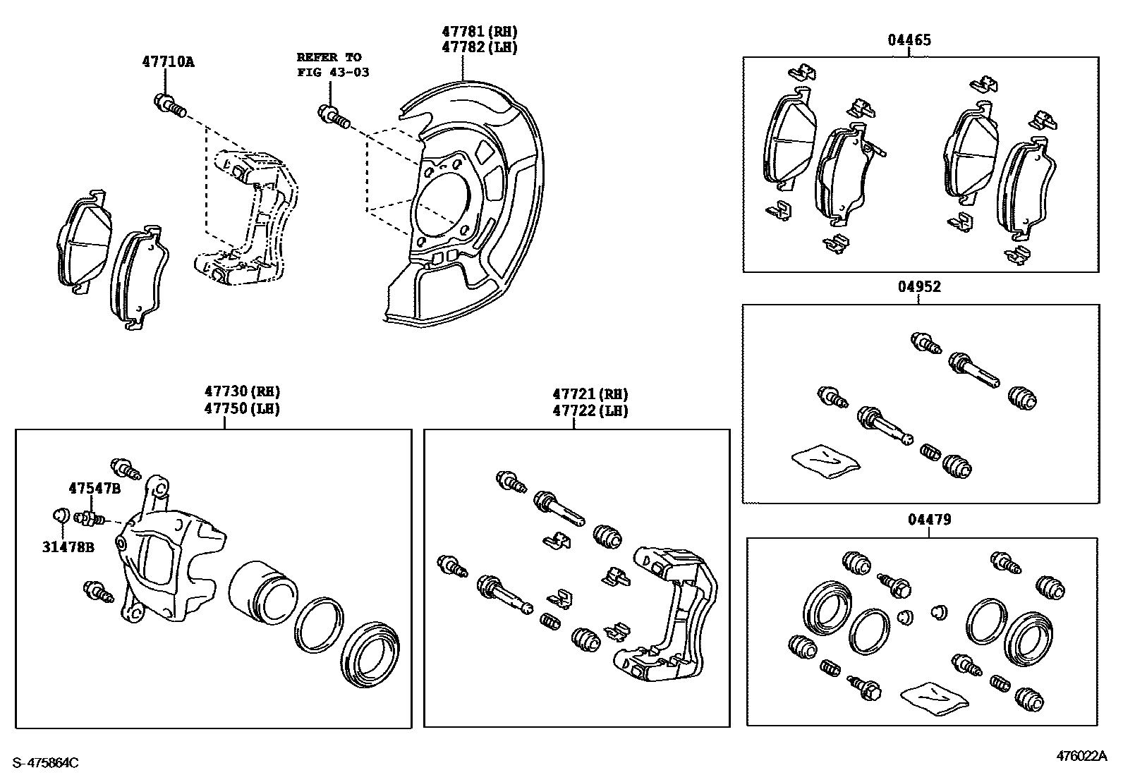 Toyota COROLLA 前盘式制动器卡钳和防尘罩 EPC diagram — 476022A