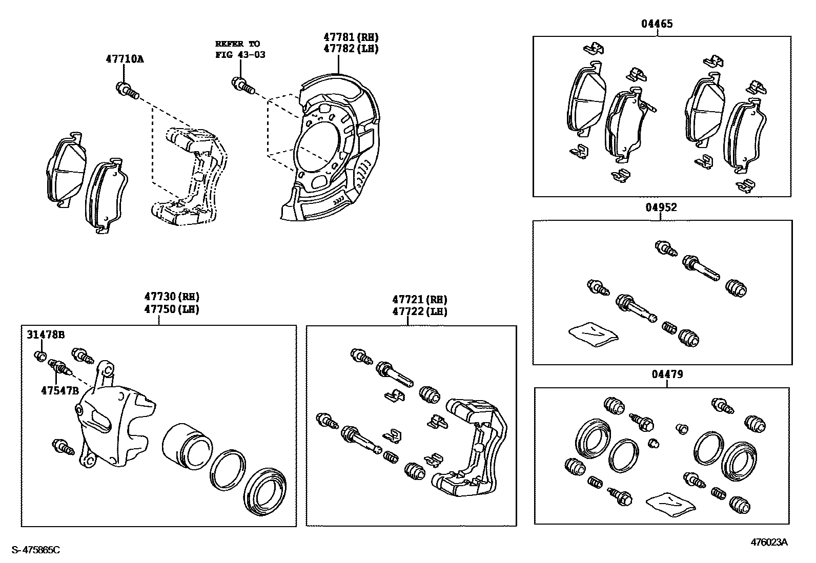 Toyota COROLLA 前盘式制动器卡钳和防尘罩 EPC diagram — 476023A